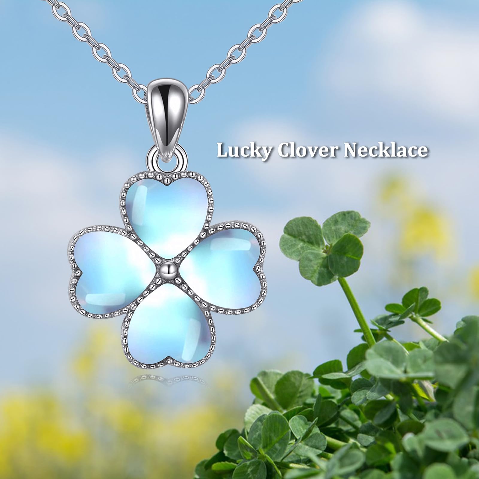 JERWLI Kleeblatt Kette Silber 925 Mondstein Glücksbringer Vierblättriges Kleeblatt Anhänger Halskette Glücksklee Schmuck Geburtstag Geschenke für Damen Mädchen Mutter St. Patrick's Day