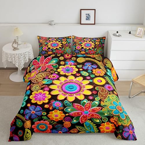 Miniatura 25 de Feelyou Groovy - Juego de edredón de flores para niñas y niños, edredón retro floral bohemio con hongos de los años 70, juego de ropa de cama de