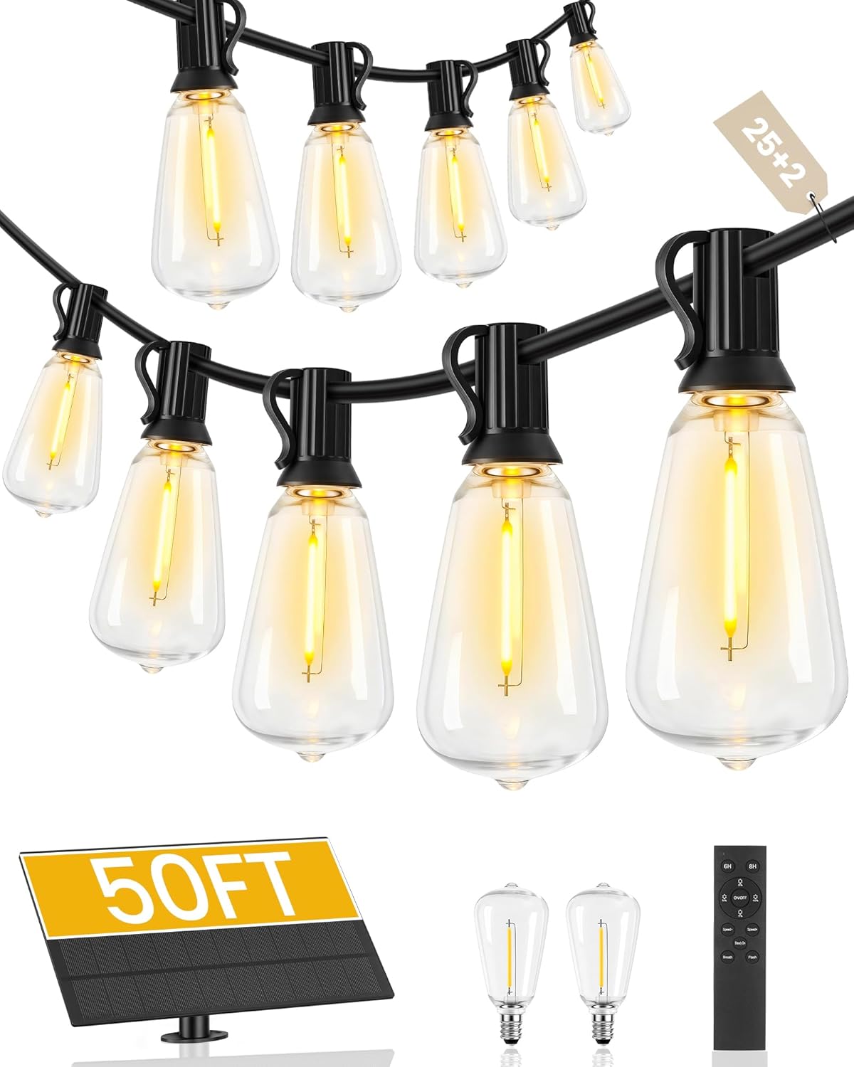 50FT Solar String Lights Outdoor, Waterproof LED Patio Lights with Remote Control, 25 Shatterproof Bulbs and 2 Spares, 3 Light Modes, for Patio, Yard, Garden, Party Decor, Black W02SS05