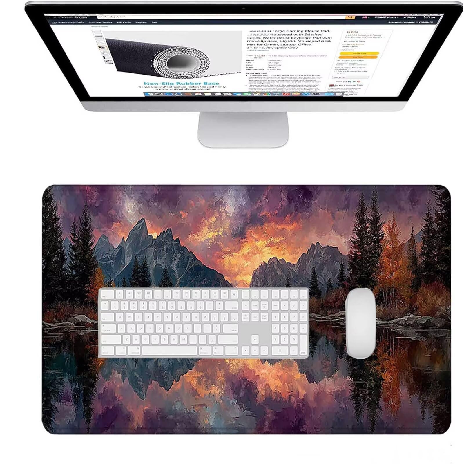 Podkładka pod mysz XXL 1500 x 800 x 3 mm, szara podkładka pod mysz górska podkładka na biurko z antypoślizgową gumową podstawą, wodoodporną powierzchnią, szytymi krawędziami, podkładka pod mysz do