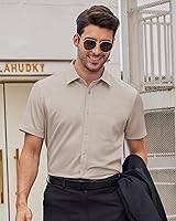 Vista 95 de Alimens & Gentle - Camisas de vestir con bolsillo y manga corta, de color liso y sin arrugas, estilo casual con botones, para hombres