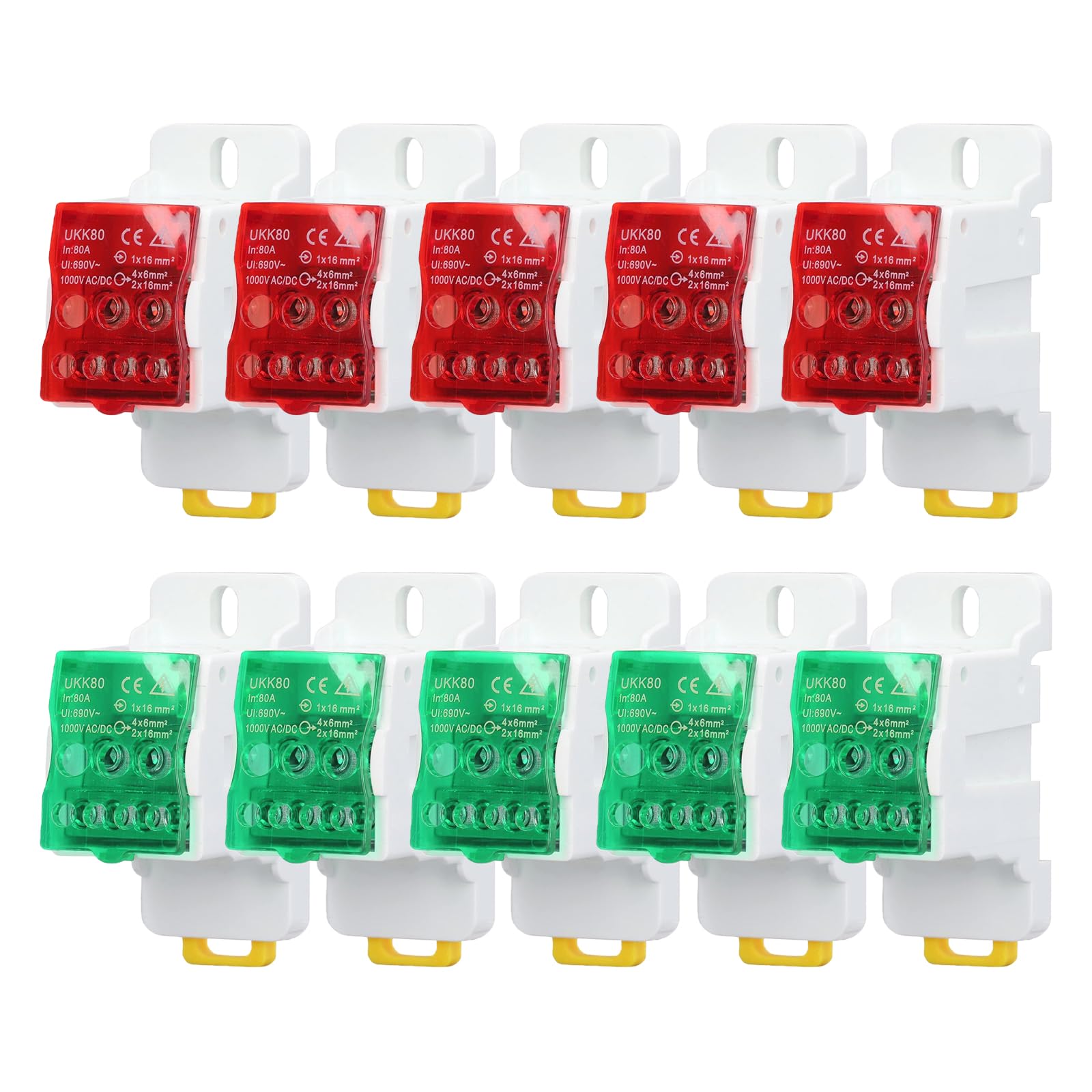 Morsettiera Distribuzione, UKK 690V, morsettiera elettrica, Scatola di Distribuzione Morsettiera su Guida DIN Scatola di Giunzione di Alimentazione Universale (10, Rosso+Verde, 80A)