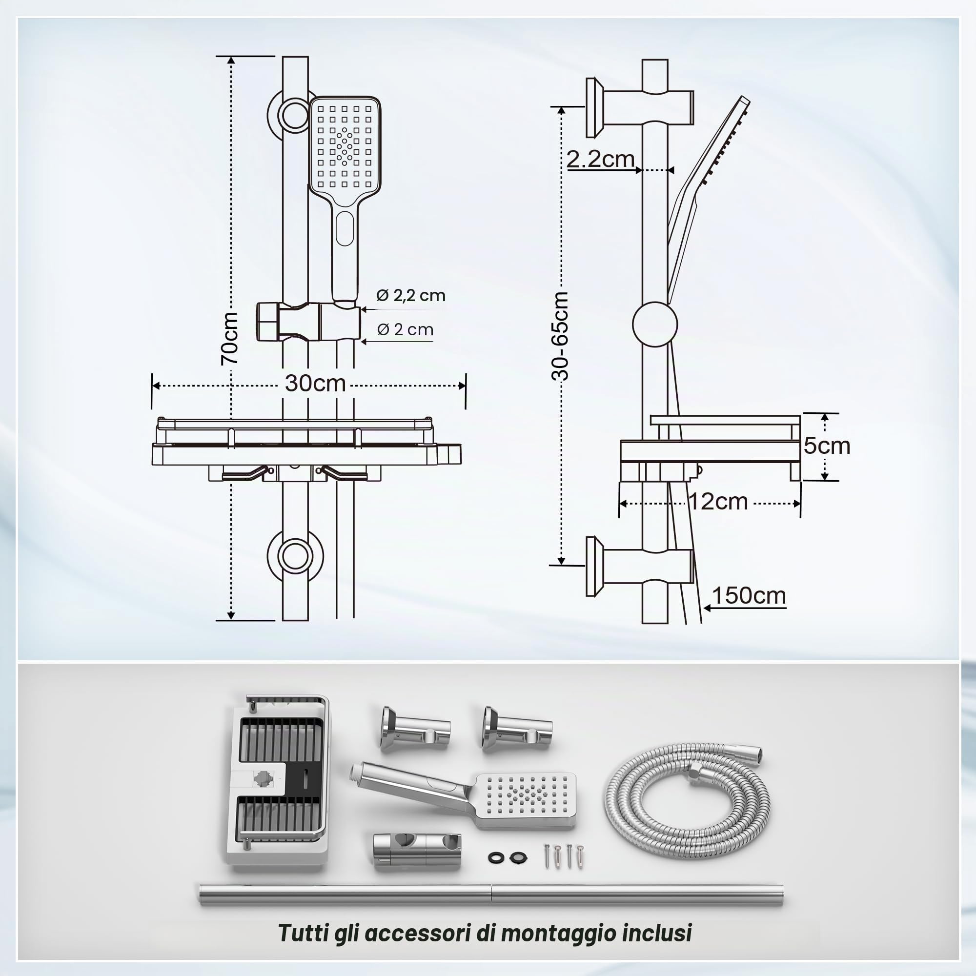 Görbach Saliscendi Doccia con Soffione 3 Getti, Asta Doccia Acciaio inox con Supporto per Doccetta e Tubo, Colonna Doccia Senza Miscelatore Adattarsi ai Fori Esistenti con Mensola doccia, 70 cm Cromo