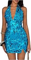 Floerns Women's Sparkly Sequin Halter Neck Bodycon Mini Dress - Sleeveless Tie-Back Going Out Party Dress