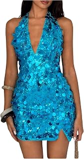 Floerns Women's Sparkly Sequin Halter Neck Bodycon Mini Dress - Sleeveless Tie-Back Going Out Party Dress