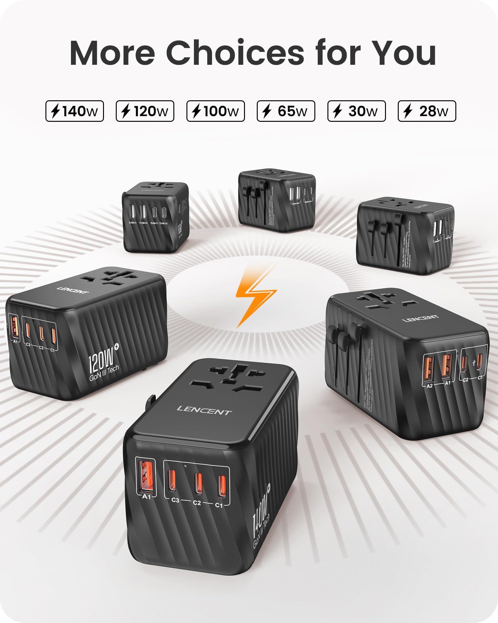 LENCENT Adaptador Enchufe Universal 30W, Cargador Internacional | con 3 USB-C+2 USB-A Carga Rápida, Adaptador Enchufe Europeo para Móvil, Tableta, Portátil, EU/USA/UK/AU, Negro