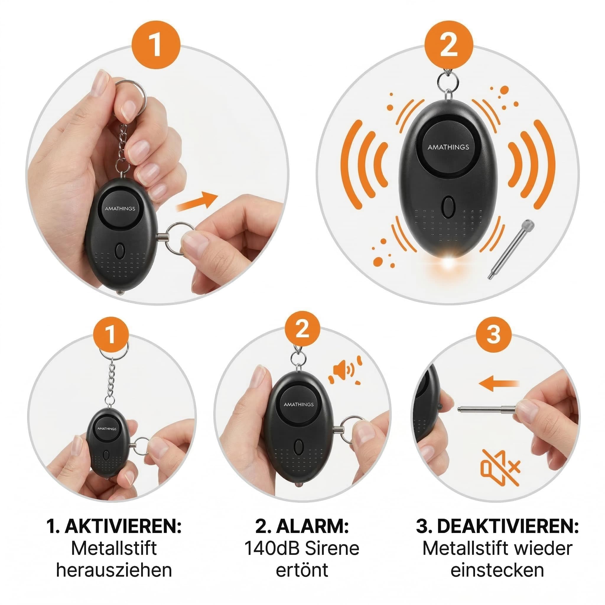 AMATHINGS Set di 2 allarmi tascabili [140dB deterrente] – Braccio panico mobile per portachiavi e borsa – aiuto immediato con luce LED – Protezione comprovata per donne, bambini e anziani – Nero