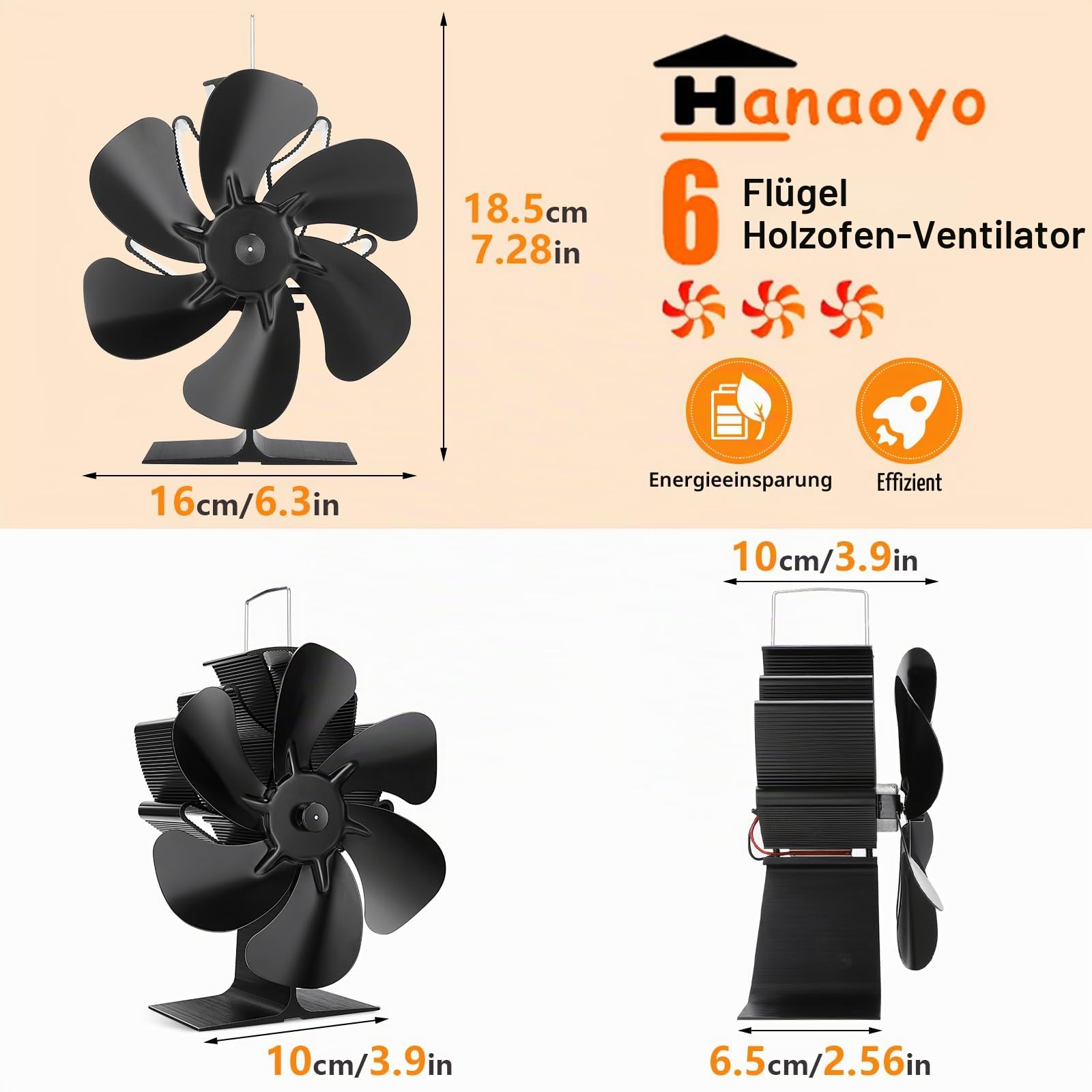 Hanaoyo Kaminventilator, Ofenventilator Ohne Strom Leiser Betrieb, Wärmebetriebener Kamin Ventilator mit 1 Ofenthermometer, Effiziente Wärmeverteilung Kaminlüfter für Holz/Holzbrenner/Kamin