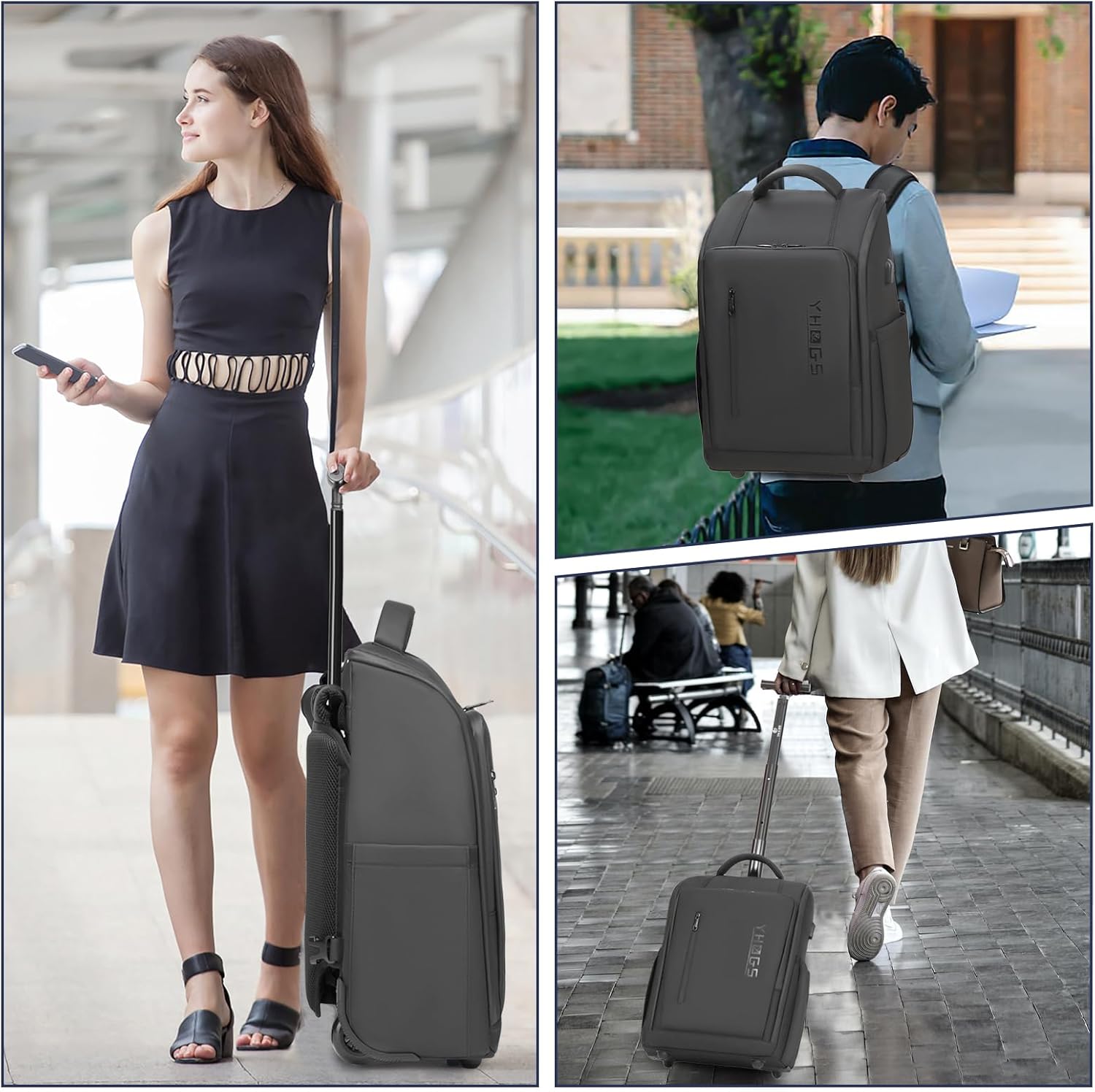 Rolling Backpack Waterproof Commuter Backpack with Wheels for Business, Laptop Compartment for 15.6-Inch Laptop, Wheeled Carry-On Bag for Adults