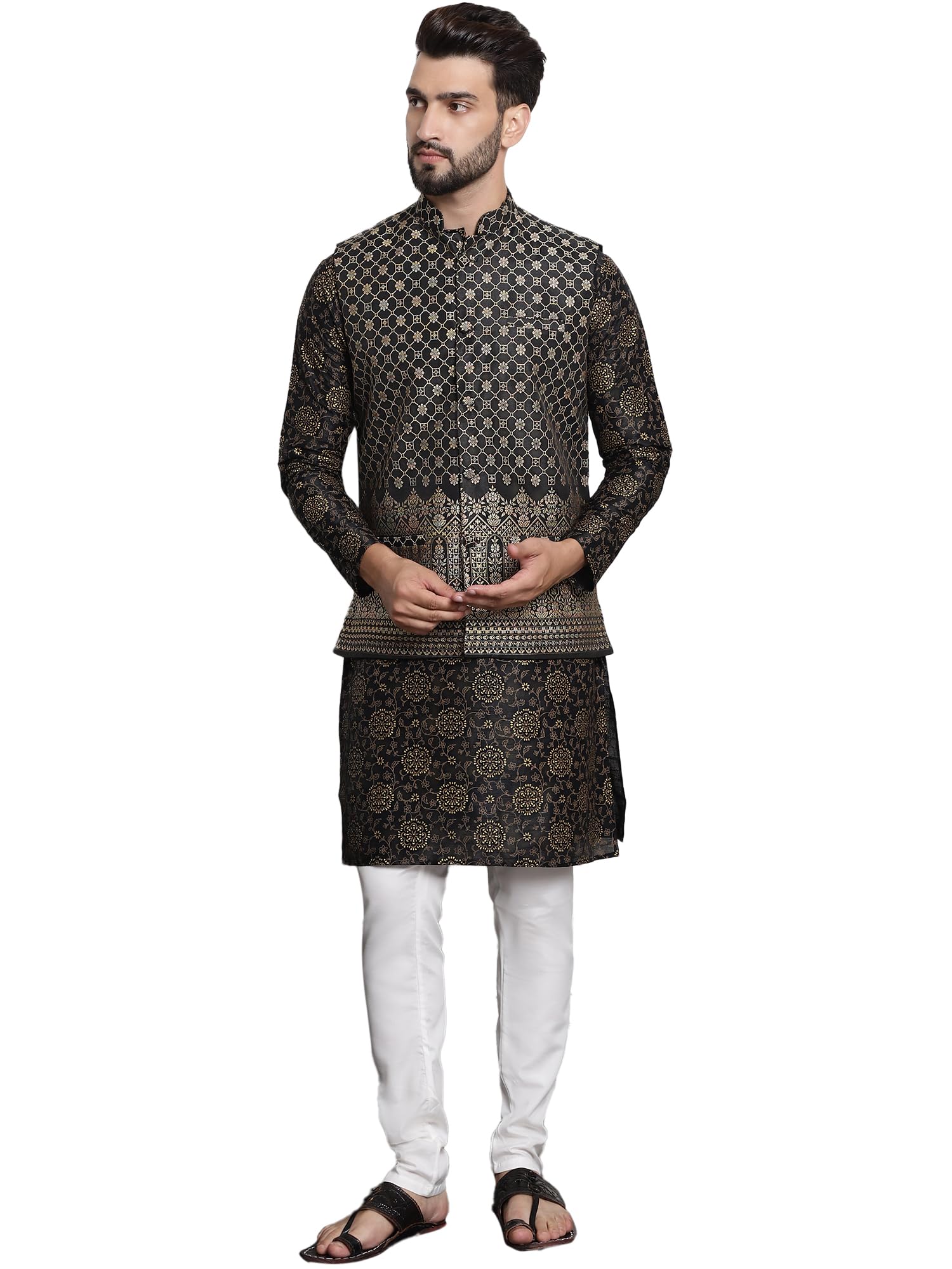 Sojanya (Since 1958 Men's Silk Blend Print Black Kurta And Cream Pyjama With Black Nehru Jacket