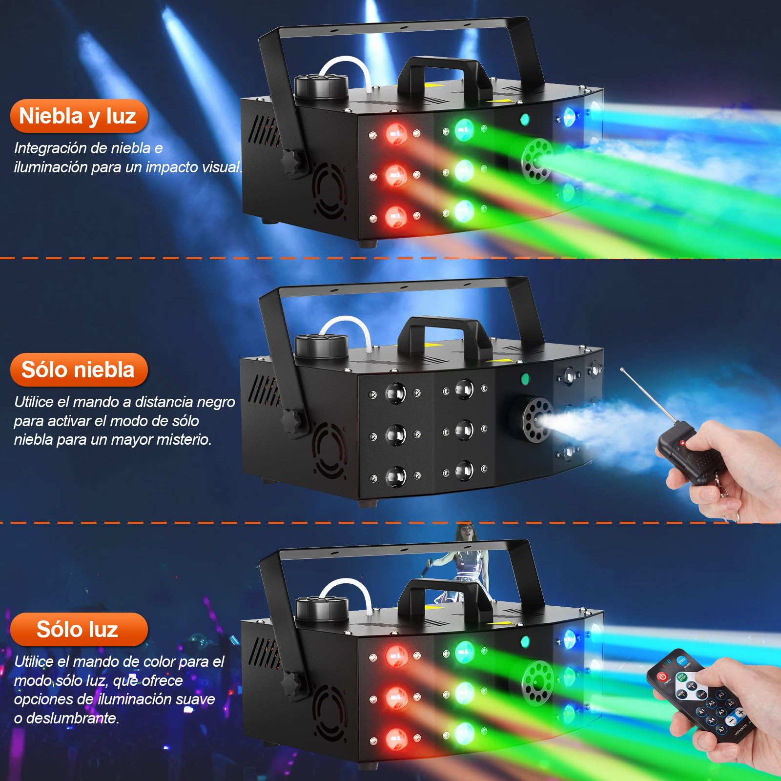 Hakuta Máquina de Humo con 12 Luces LED DMX, Control Remoto Inalámbrico para Interior y Exterior - Efectos para Fiestas, Bodas, Halloween y Escenarios