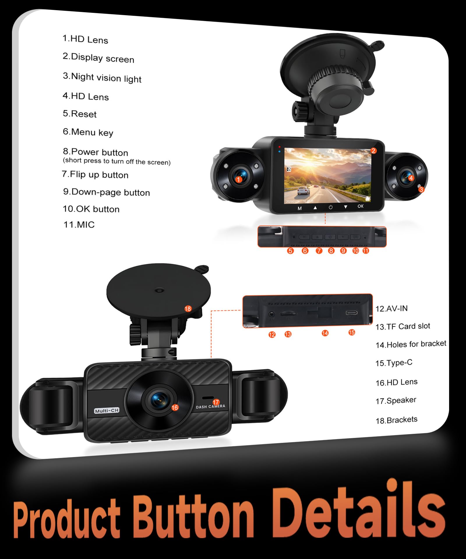 Dashcam para Coche 4 Canales 360°, 4 1080P Delantera y Trasera Izquierda Derecha, Dash CAM de 3 Pulgadas 1080P Visión Nocturna 8 IR/Vídeo en Bucle/24H Monitor/G-Sensor/Asistente de Marcha Atrás
