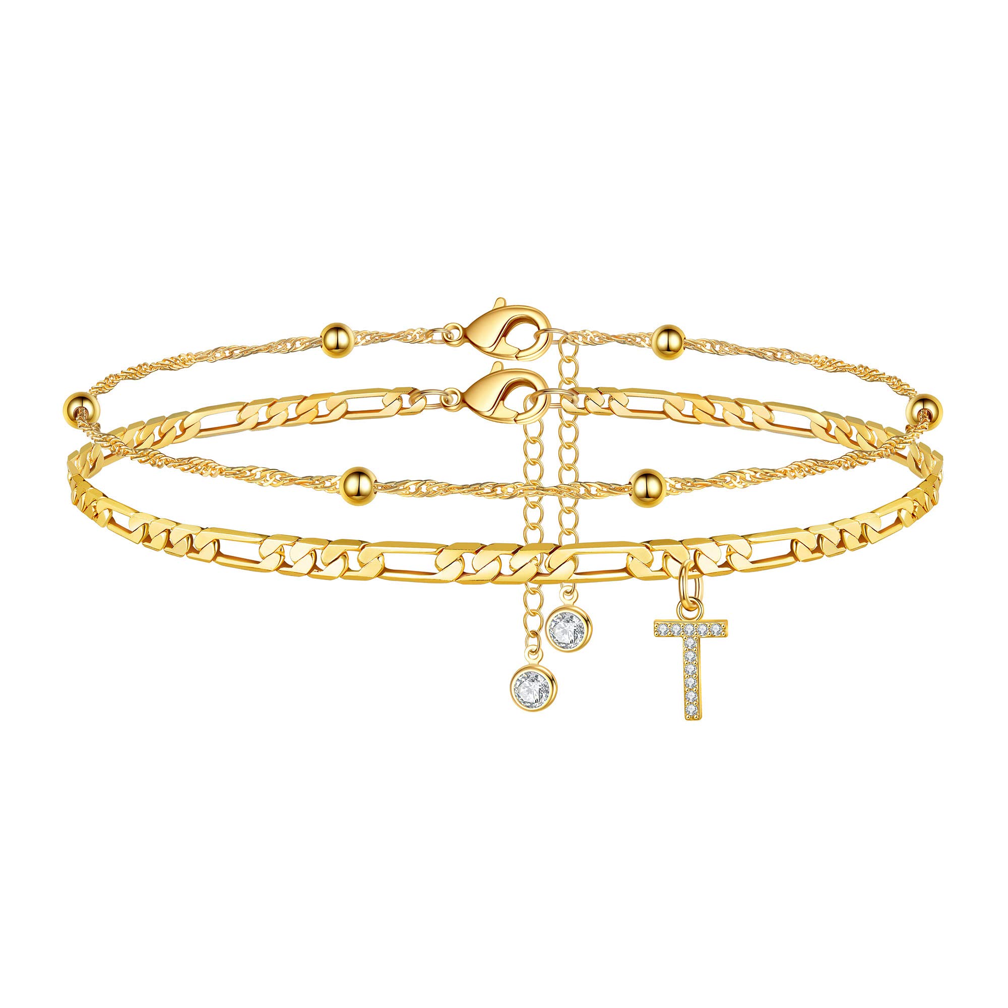 Ursteel Ankle Bracelets for Women, 14K Gold Plated Dainty Layered Chain CZ Initial Anklets Summer Jewelry Gifts for Women