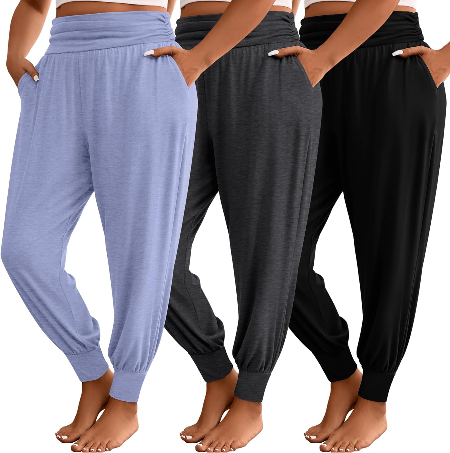 3 Pack Women's Plus Size Sweatpants, Comfy Lounge Yoga Joggers Casual High Waist Pa...