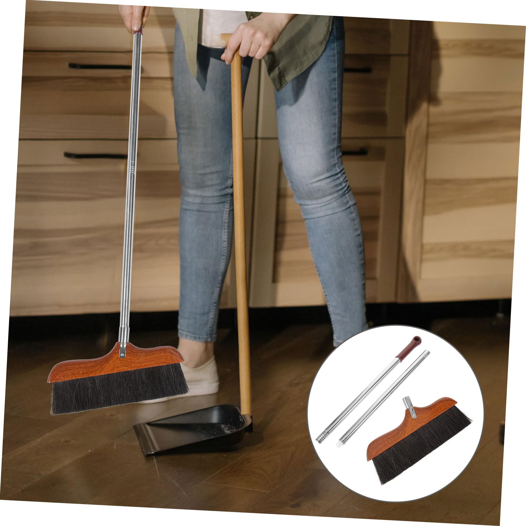 GANAZONO Escoba de Pelo de Cerdas Negras Mango Largo de Acero Inoxidable y Madera Roja, Cepillo Biselado Antielectrostático para Limpieza del Hogar y Oficina, Barrido y Cómodo,