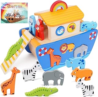 Noah's Ark Wooden | Wooden Toy from 1 2 3 Years Children | Christening Gifts for Boys Girls | Montessori Toy Animal Sorting Stack | Bible Story Book Christening