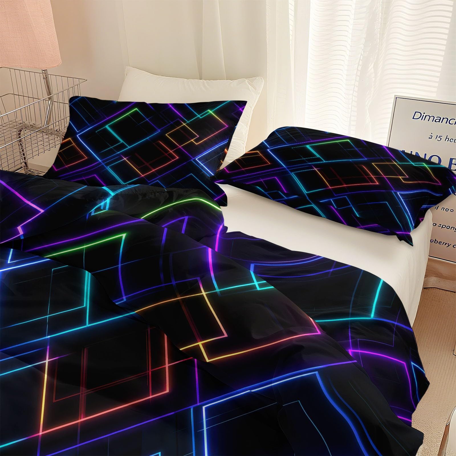 Pościel 200 x 220 cm, czarna, zestaw pościeli, abstrakcyjny geometryczny wzór neonowy, poszewka na kołdrę z mikrofibry, nie wymaga prasowania i miękka – dwustronna pościel i poszewka na