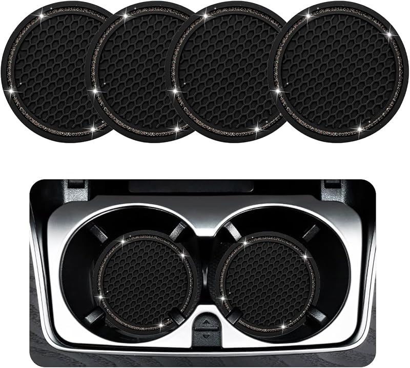 Ziciner Kit com 4 Porta-Copos para Carro em Silicone com Strass, Base Redonda Antiderrapante Preto e Cinza