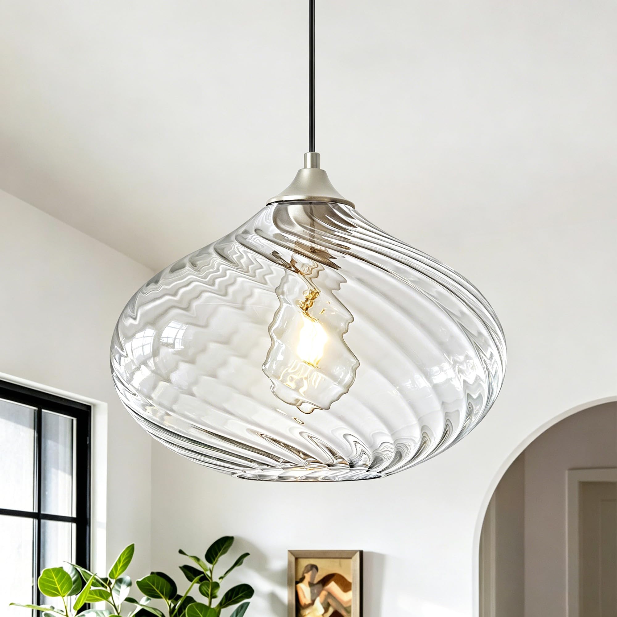 Photo 1 of Deyidn Glass Pendant Lights Kitchen Island, 11'' Brushed Nickel Pendant Lighting Fixtures, Modern Hanging Ceiling Light With Striped Clear Glass Shade for Farmhouse Dining Room Bedroom Hallway(1 Pack)
