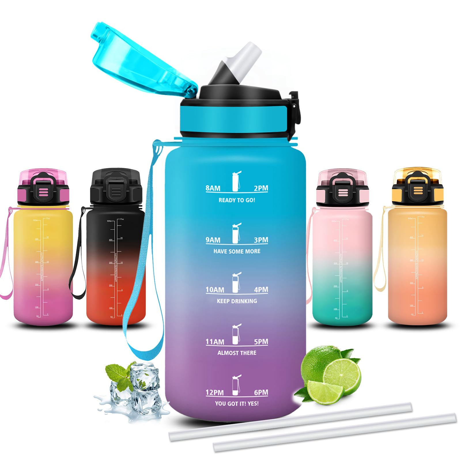 Mujigaga Kids Water Bottle 500ml Water Bottle with Straw Leakless Motivational Wide Mouth Motivational Slogan School Picnic Running Work