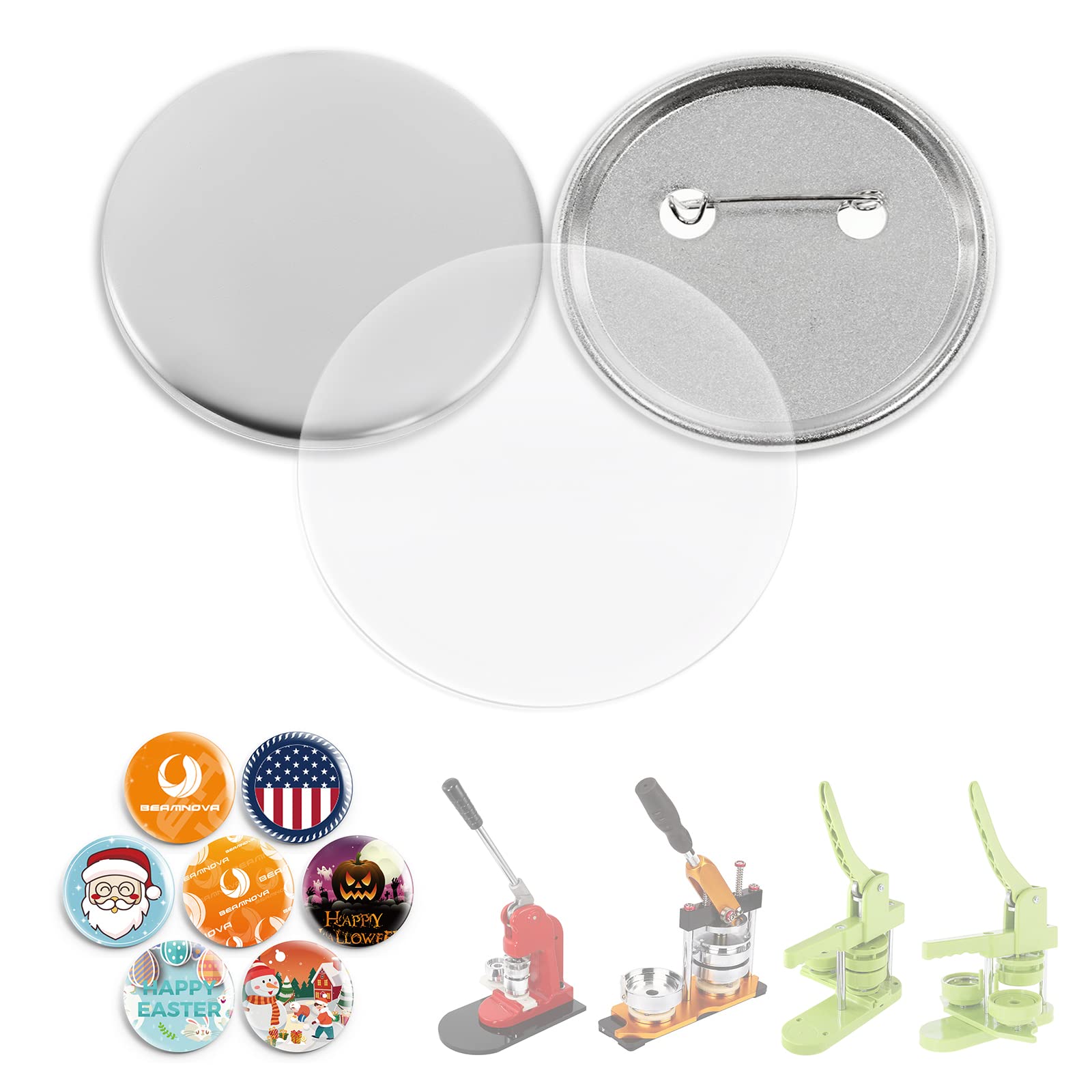 BEAMNOVA 100 Sets 75mm / 2.95 in (Approx. 3 inch) Metal Button Supplies Blanks, for Round Pin Maker Machine, Matte Metallic Back, Hand Press Badge