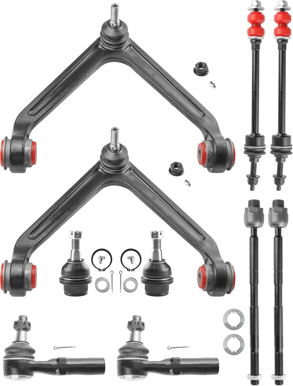 2WD Front End 12pc Suspension Kit for 2002 2003 2004 2005 Dodge Ram 1500, 2 Upper Control Arms w/Ball Joint, 2 Lower Ball Joint, 4 Tie Rods, 2 Sway Bar Links, 2 Boots, Red