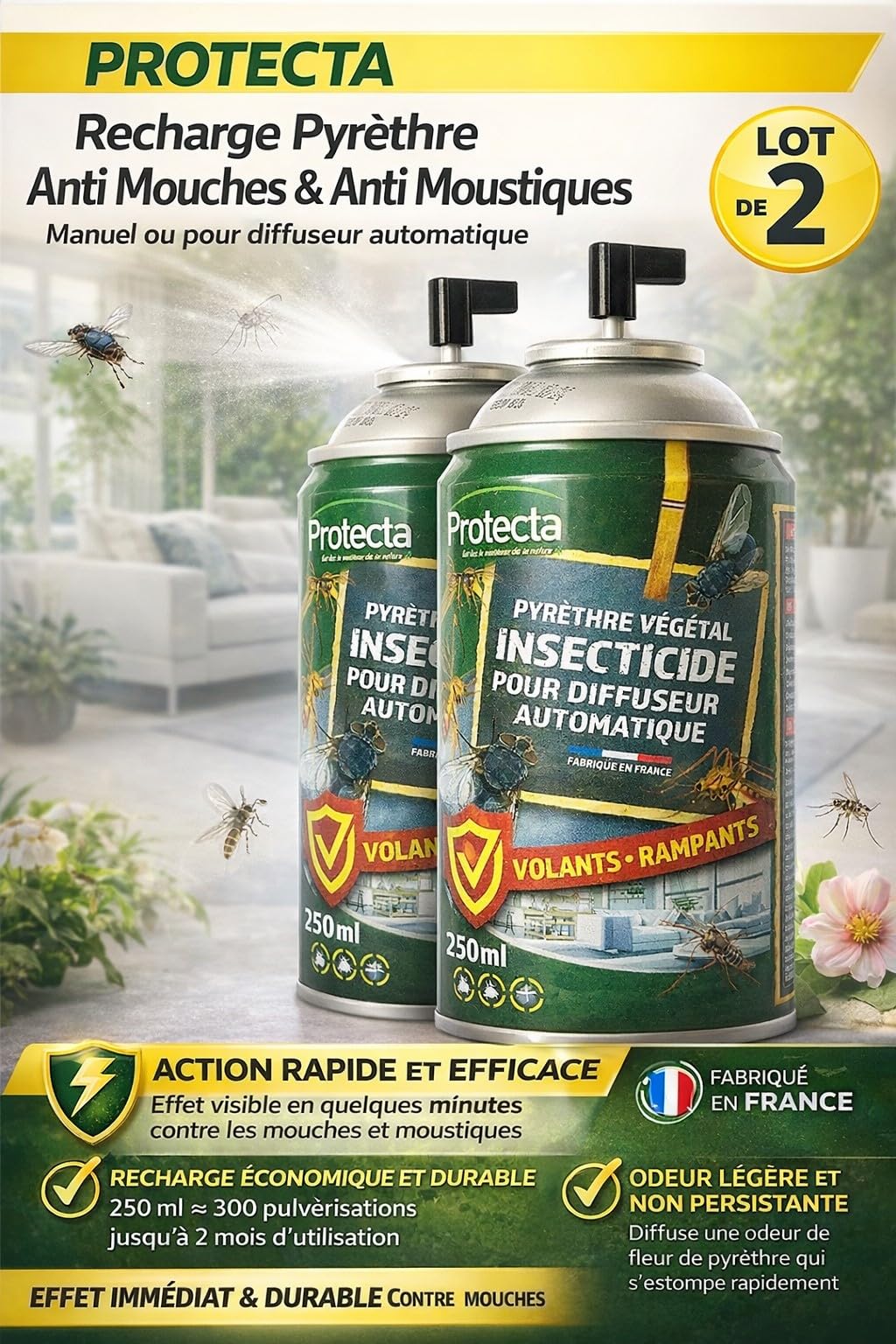 PROTECTA - Recharge Pyrèthre Anti Mouches & Anti Moustiques - Lot de 2 - Manuel ou pour diffuseur automatique