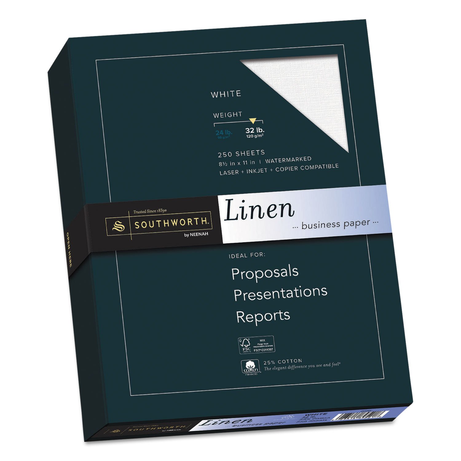Southworth 25% Cotton Linen Business Paper, 32 lbs, 8-1/2 x 11, White, 250/Box