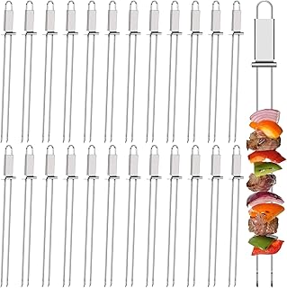 Zonon 24 Pcs 13 Inch Kabob Skewers Double Pronged Metal Skewers Reusable Skewers for Grilling Kabob Sticks BBQ Stainless Steel Long Flat Skewers with Slider Push Bar for Camping Vegetable Chicken