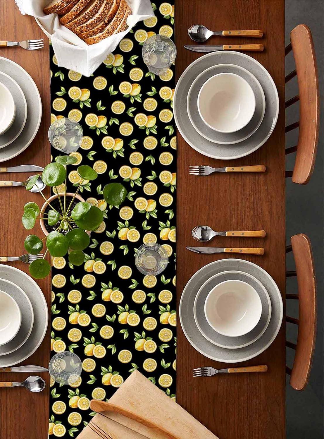 Summer Cotton and Linen Table Runner 72 Inches, Pastoral Lemon Black Dresser Decor Table Runners for Dining Party Holiday Wedding Table Decoration