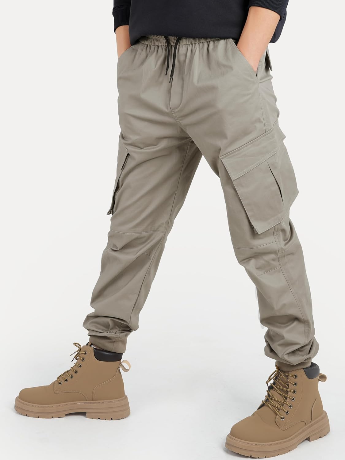 CAMLAKEE Boys Stretch Cargo Pants Kids Drawstring Elastic Waist School Youth Twill Joggers Pants - Image 7