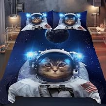 BlessLiving Funny Space Cat Bed Set 3 Piece Astronaut Pet Bedspread Teens Kids Blue Galaxy Bedding Star Universe Duvet CoverSingle