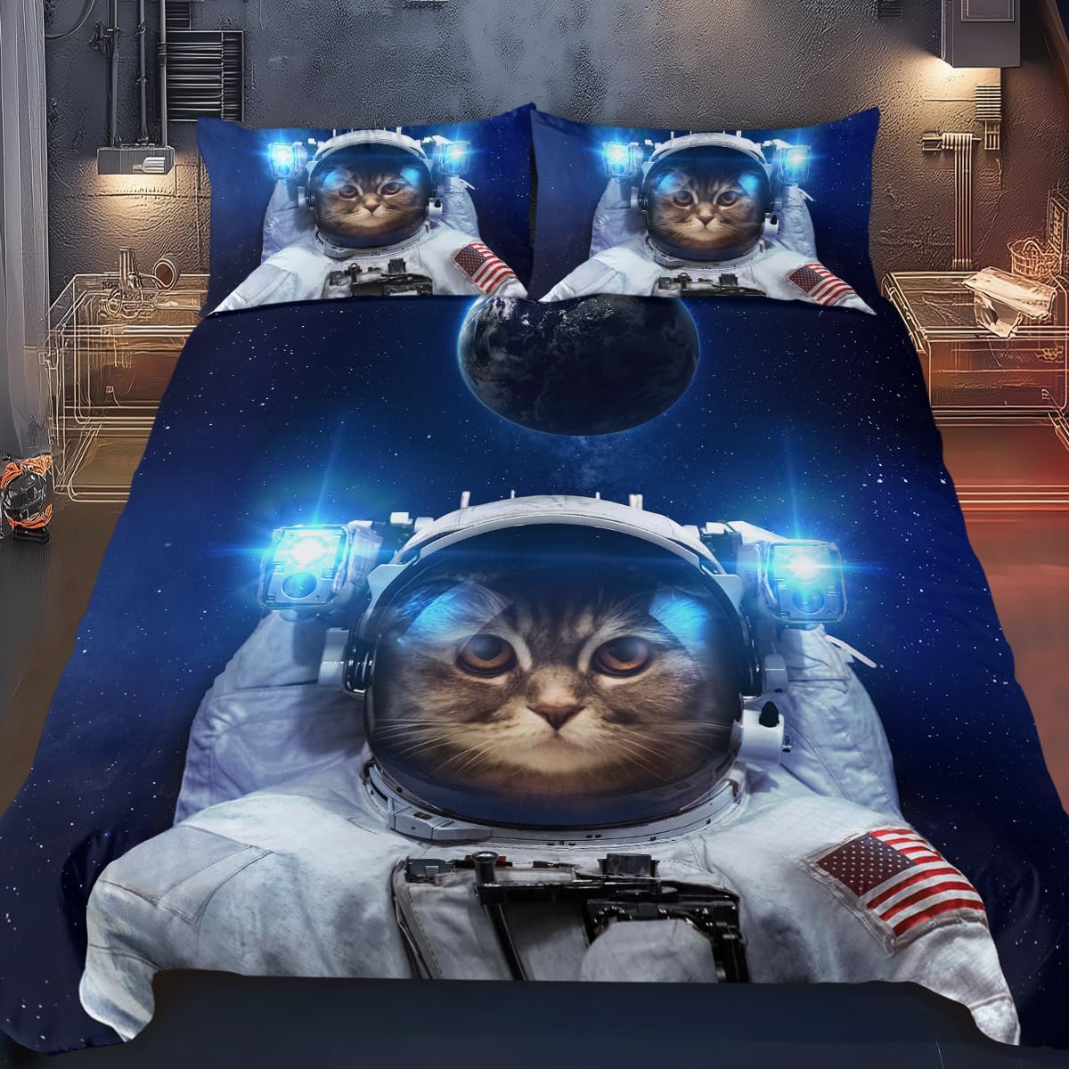 BlessLiving Funny Space Cat Bed Set 3 Piece Astronaut Pet Bedspread Teens Kids Blue Galaxy Bedding Star Universe Duvet Cover(Double)