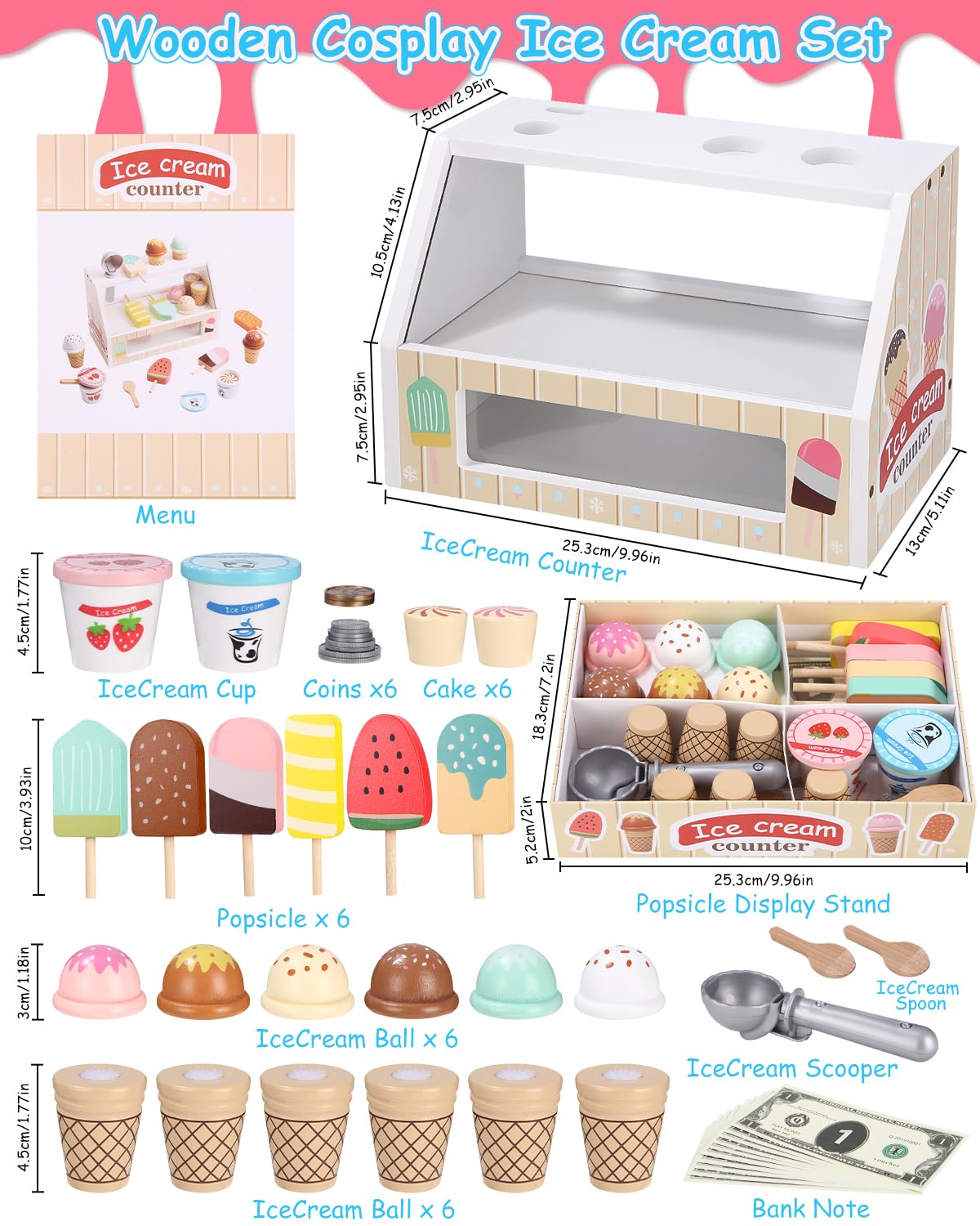 Gelateria Giocattolo, Cucina Cibo in Legno per Bambini, Accessori da Cucina Montessori, Gioco di Ruolo Educativo Regalo per Bambina 3 4 5 6 Anni