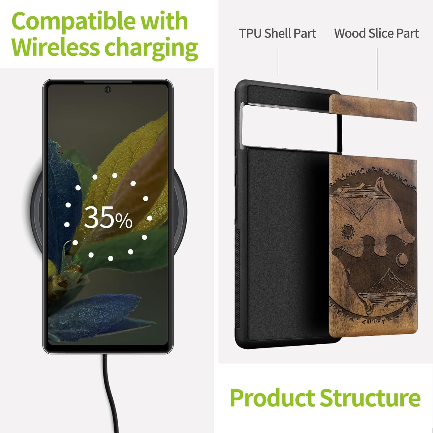 Carveit Wood Case for Pixel 7a Case [Natural Wood & Black Soft TPU] Shockproof Protective Unique & Classy Wooden Phone Cover Compatible with Google Pixel 7a (Yin Yang-Wolf-Walnut)