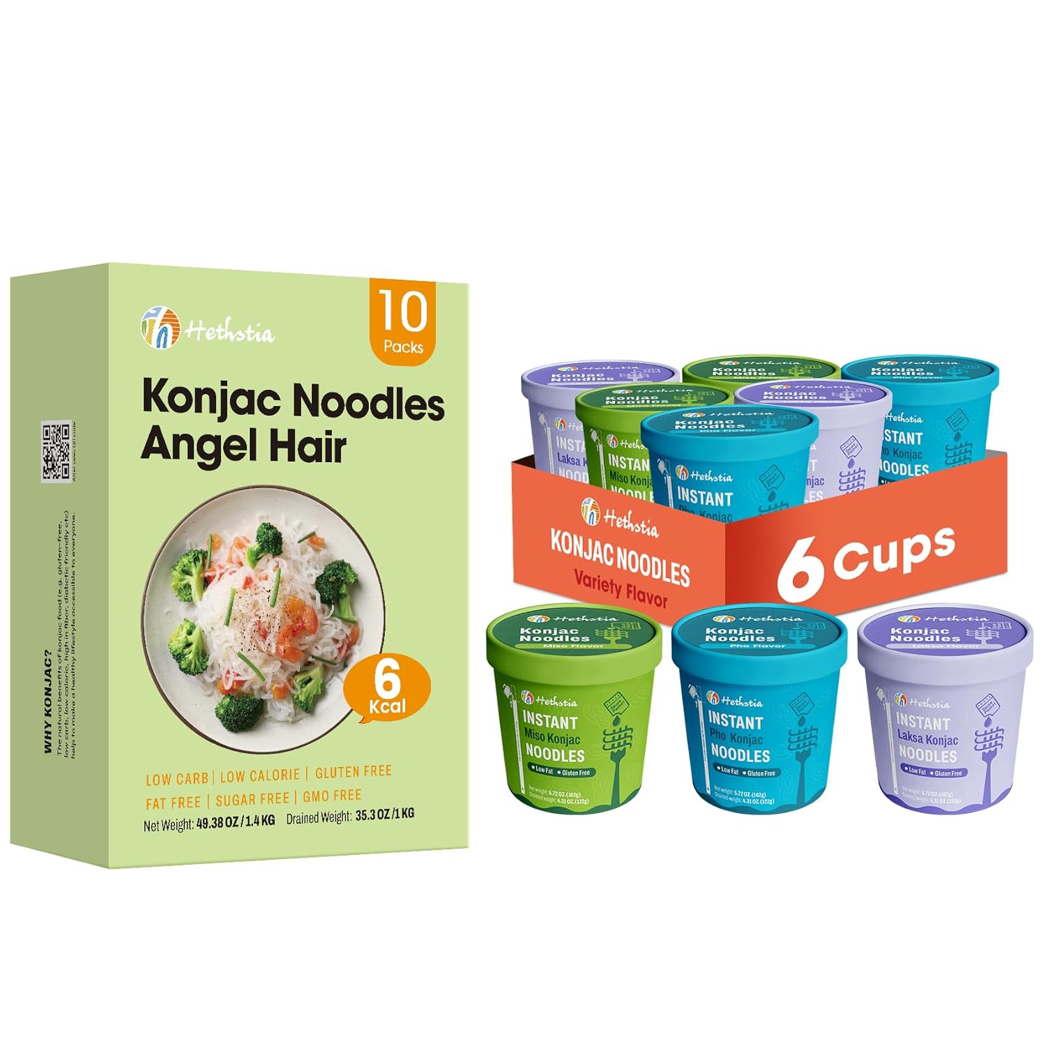 Hethstia Konjac Noodles Soup Cup Variety Flavor (Miso, Pho, Laksa), 16 Pack Low Carb Instant Shirataki Noodle, Vegan, Gluten-Free, Sugar-Free, Keto, Low-Calorie Healthy Pre-cooked Asian Meal