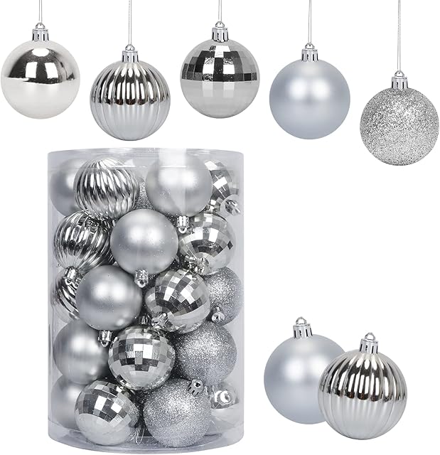 Skycase Christmas Balls Ornaments, 34pcs Shatterproof Clear Christmas Baubles 2.36inch 6cm Christmas Tree Ball Decorations Ornaments for Hanging Christmas Holiday Wedding Party Decor, Silver