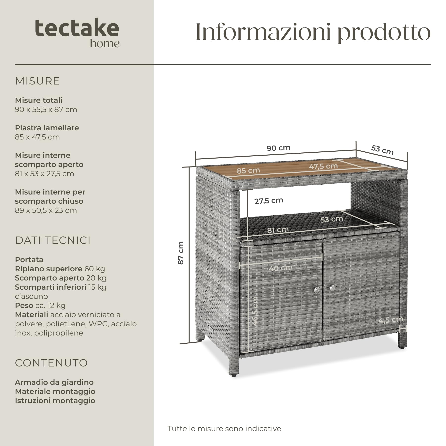 tectake® Armadietto da Giardino in Rattan e WPC, 90 x 55,5 x 87 cm, Mobile da Esterno, 2 Ante, Vano Aperto, Resistente alle Intemperie, Piedini Regolabili, Ideale Arredo Giardino e Terrazzo - Grigio