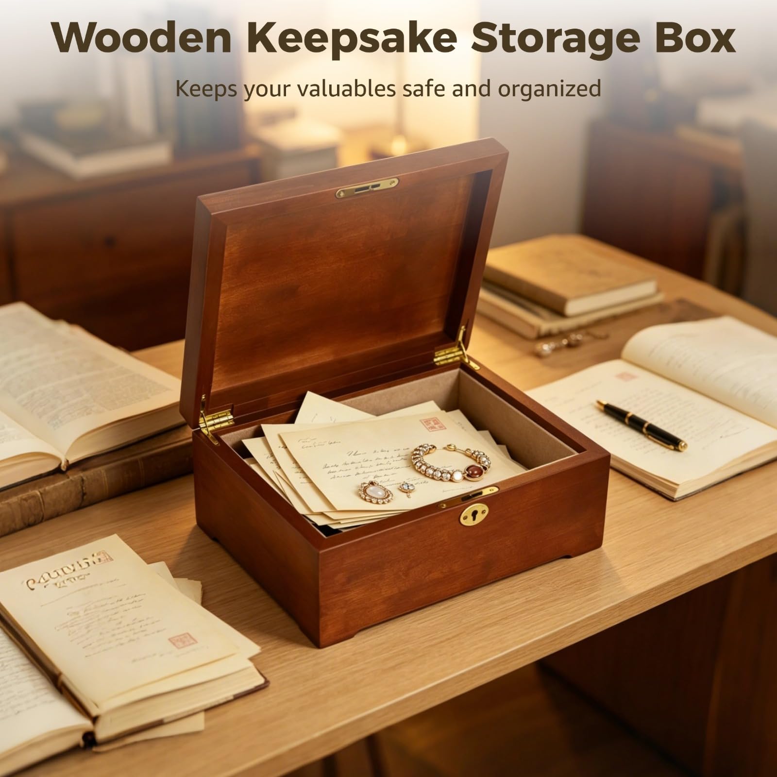 Caja de almacenamiento de madera para recuerdos, 11 x 8.5 x 5.1 pulgadas, caja de madera decorativa con cerradura y llave, organizador de tapa abatible con bisagras para joyas, fotos, objetos