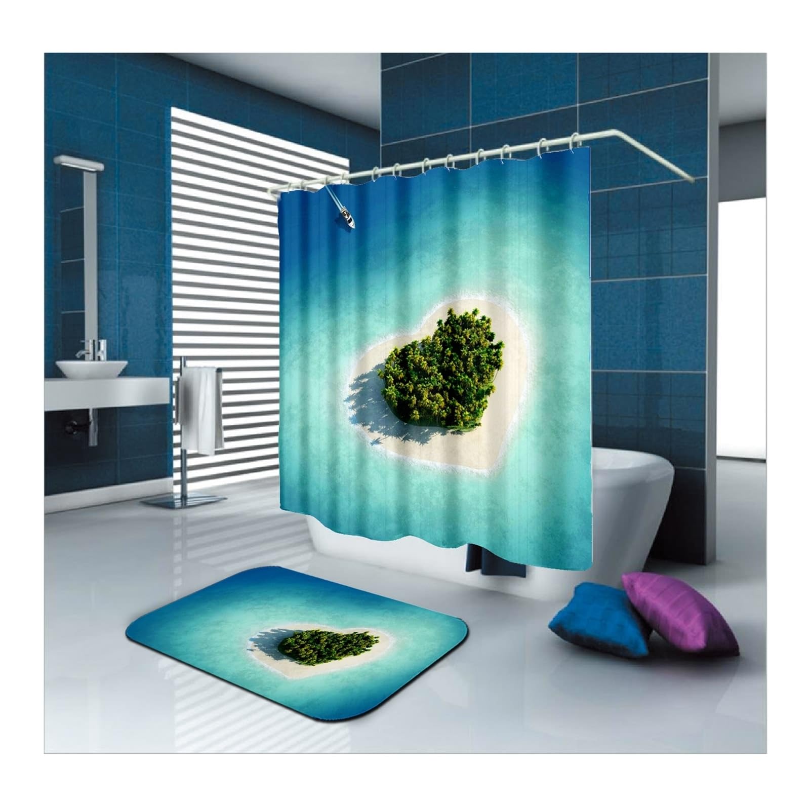Rideau de douche en polyester bleu au motif cœur océan texturé