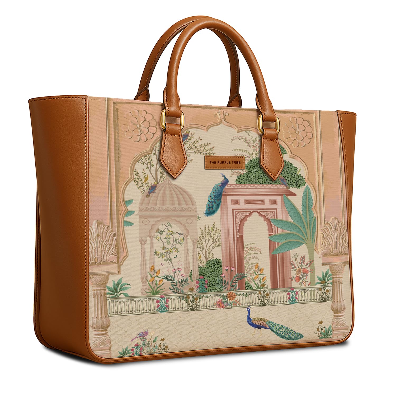 The Purple Tree Handcrafted Women's Tote Bag with Vegan Leather Handles & Indian Prints, Shoulder Tote Bag and Handbag for Office and College (Pack of 1)
