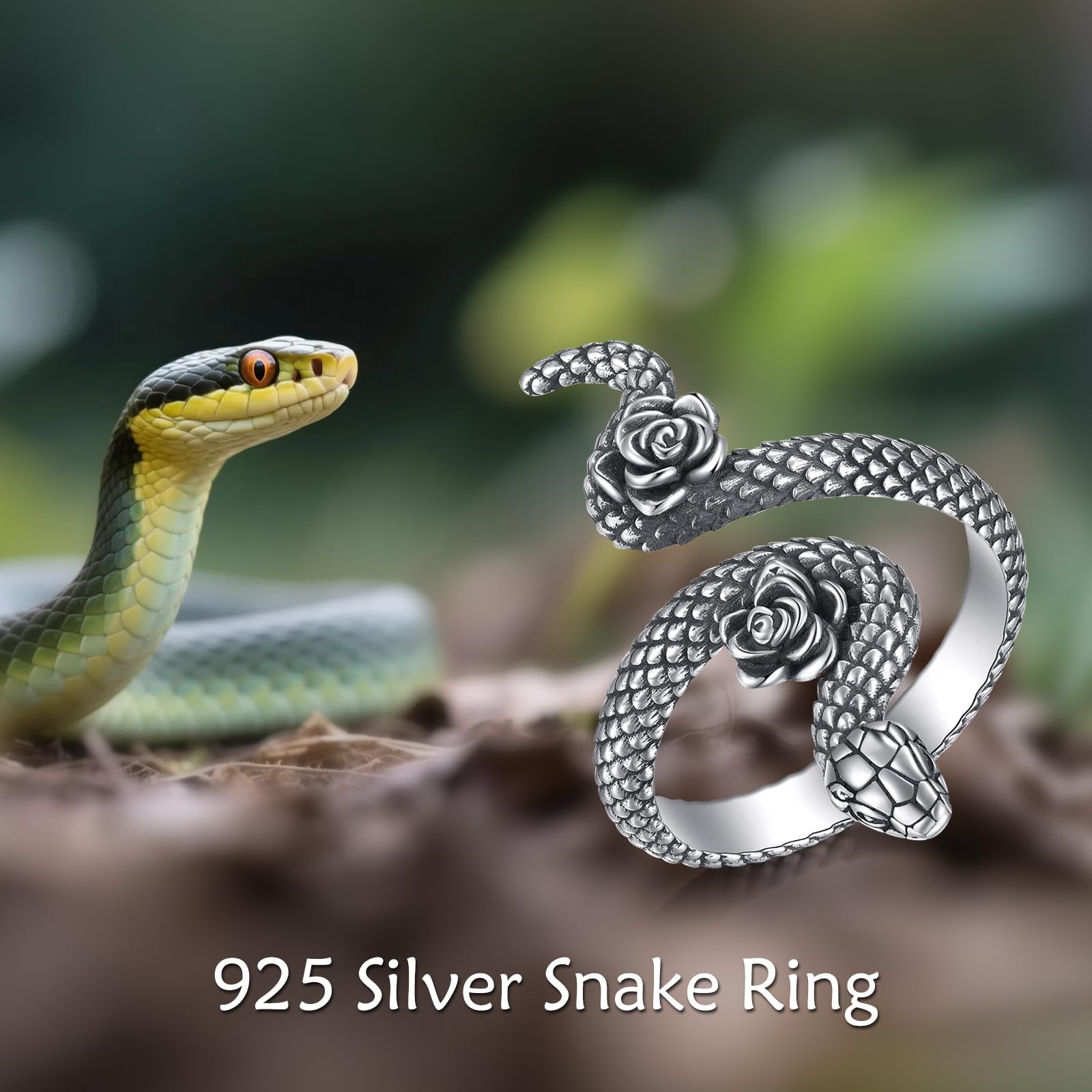 DAYLINLOVE Anillo de serpiente de plata de ley 925 con rosa gótica, ajustable, anillo abierto para el pulgar, joyería gótica, regalo para mujeres y niñas