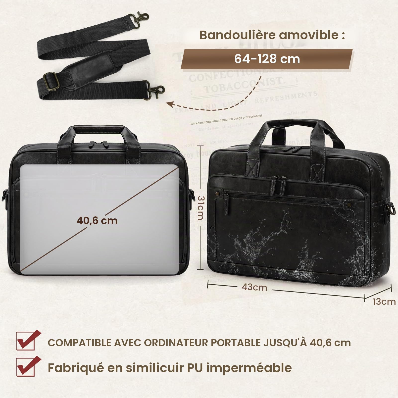 RAINSMORE Sacoche Ordinateur Homme 16 Pouces Cartable Homme Cuir PU Sac Bandoulière Imperméable Porte Document pour Travail Affaires Collège