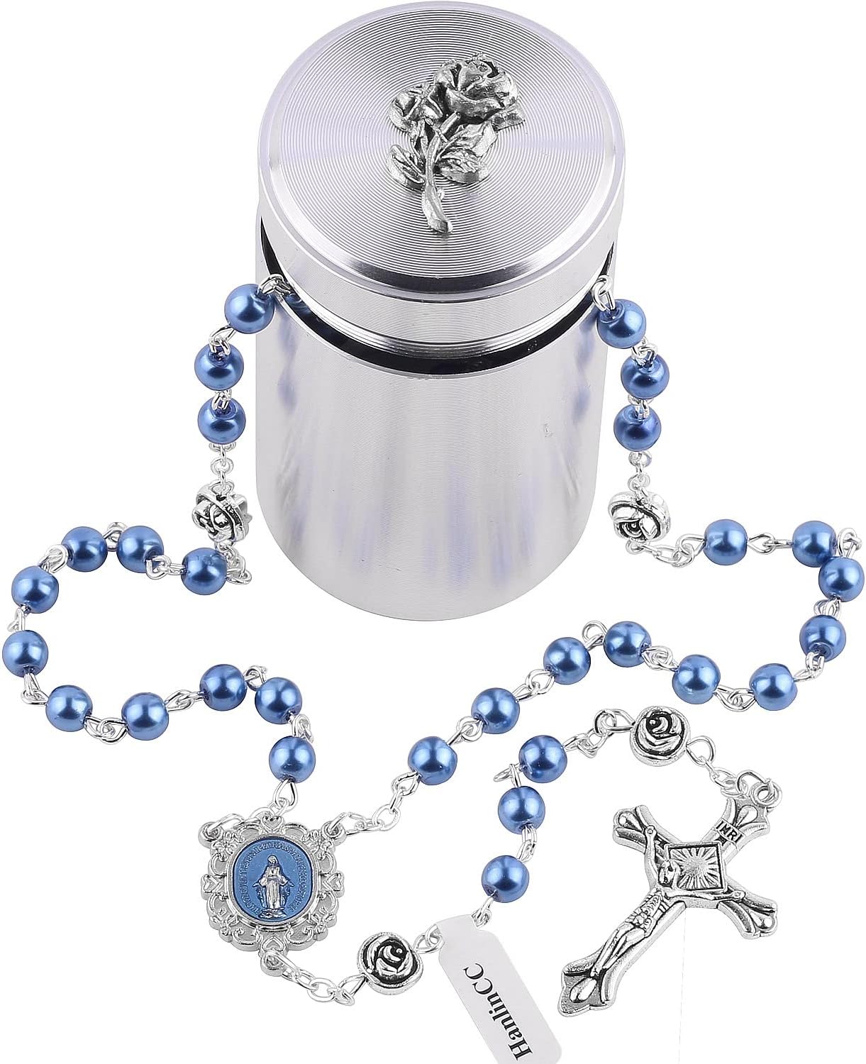 HanlinCC 6mm Glass Pearl Beads with Rose Flower Our Father Beads Miraculous Catholic Rosary Necklace with Rose Metal Catholic Gift Box for Men and Women - Image 9