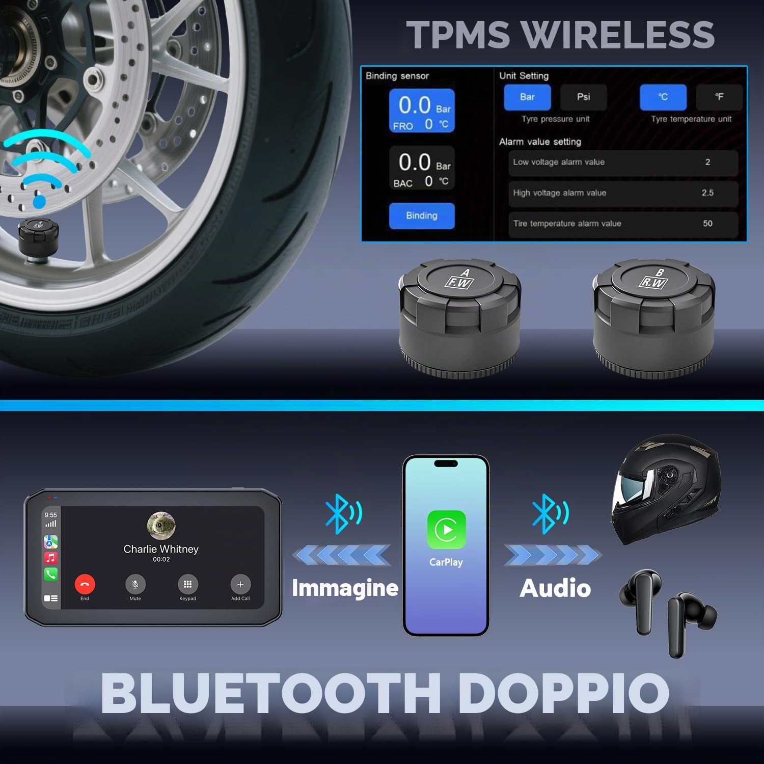 CarPlay Moto Android Auto con Telecamera, 2K Dash Cam Moto Anteriore e Posteriore, Schermo Tattile da 6,25" con GPS, TPMS, Navigatore, Telecomando, Scheda TF da 64 GB