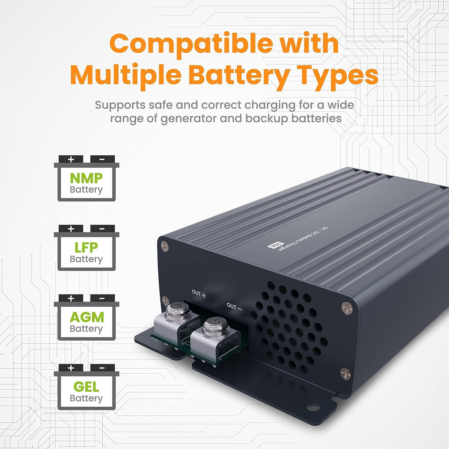 Cargador 12 V 20 A CC a CC (con Chip Inteligente), Cargador Inteligente de a Bordo para baterías NMP, LFP, AGM y de Gel para caravanas, vehículos comerciales, Yates y Barcos. 3 Niveles de