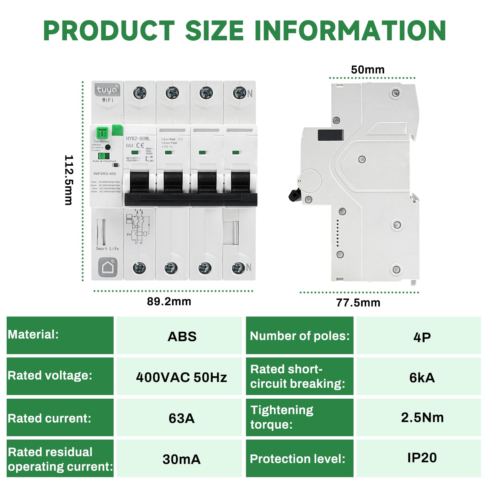 Interruttore magnetotermico differenziale wifi Salvavita 63A 4P 30ma tuya/Smart Life APP Recovery Reclosing Protezione dalle perdite richiudibile Protezione dalle perdite per sottotensione.