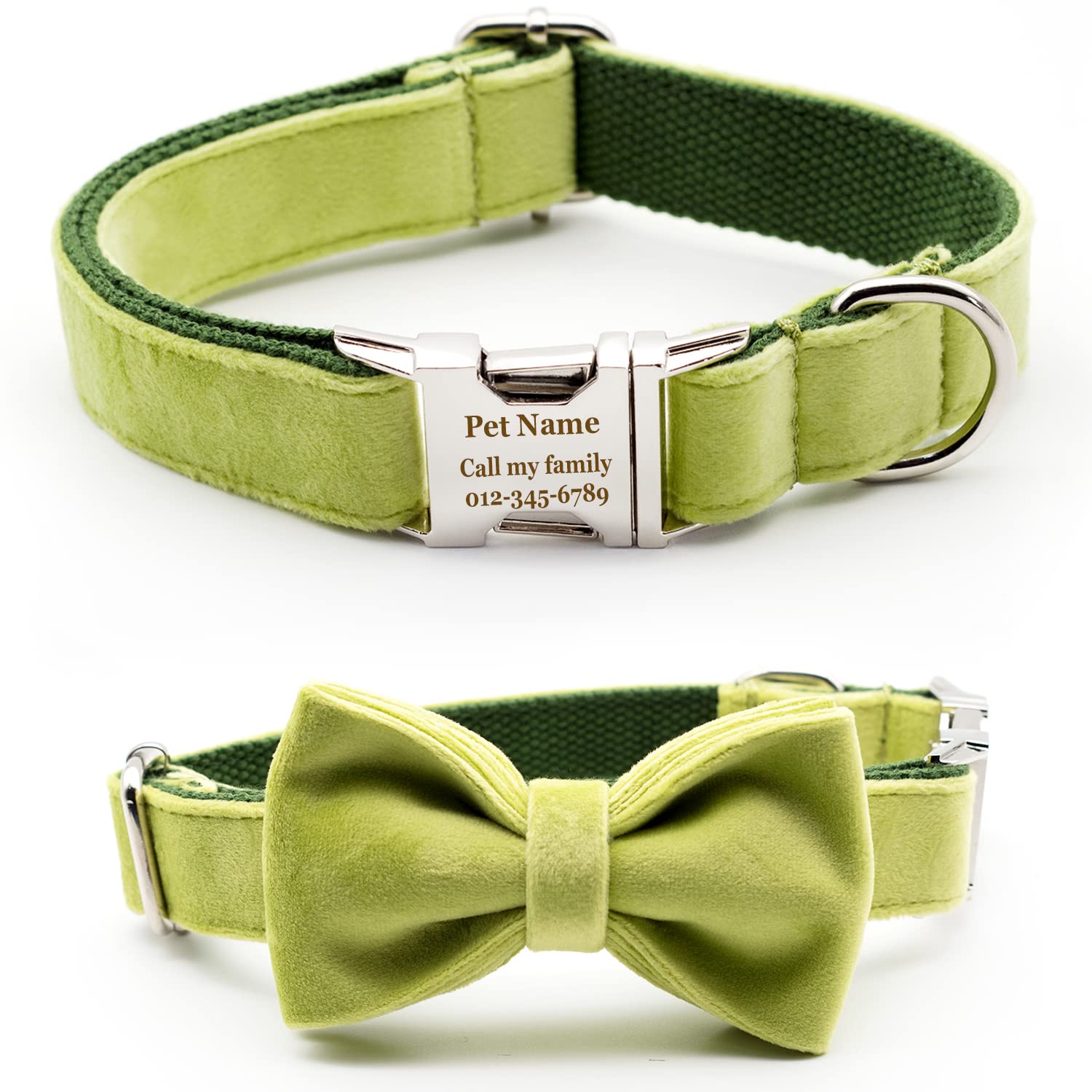 Personalized Dog Collar with Bowtie, Engraved Collar with Customized Text for Large Medium Small Dogs Think Velvet Style (Thick Lime Velvet)