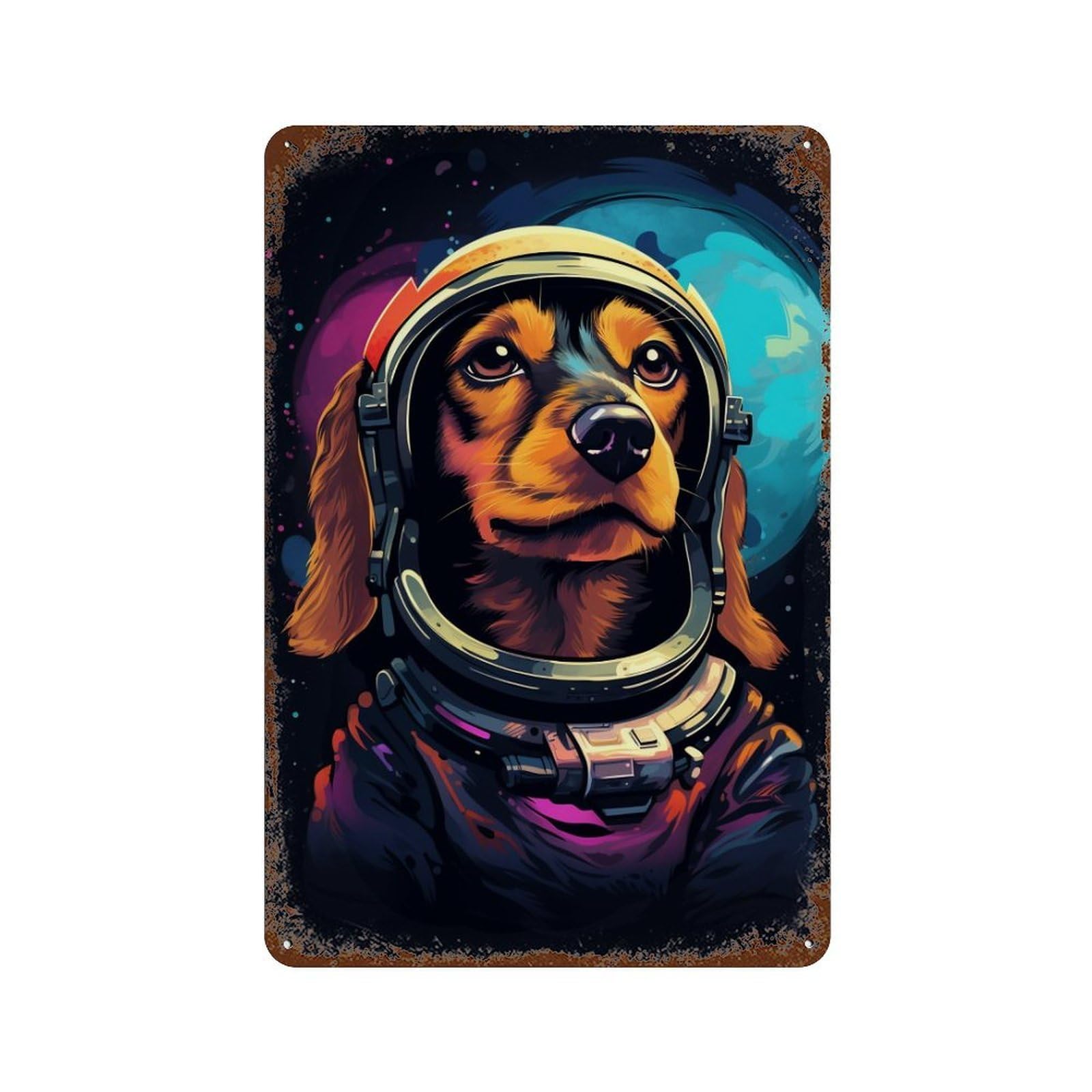 Space Dog Explorer-20 11.8"x7.9" Aged Metal Wall Plaque, Novelty Wall Decor for Shed, Workshop And Garage Wall Decor