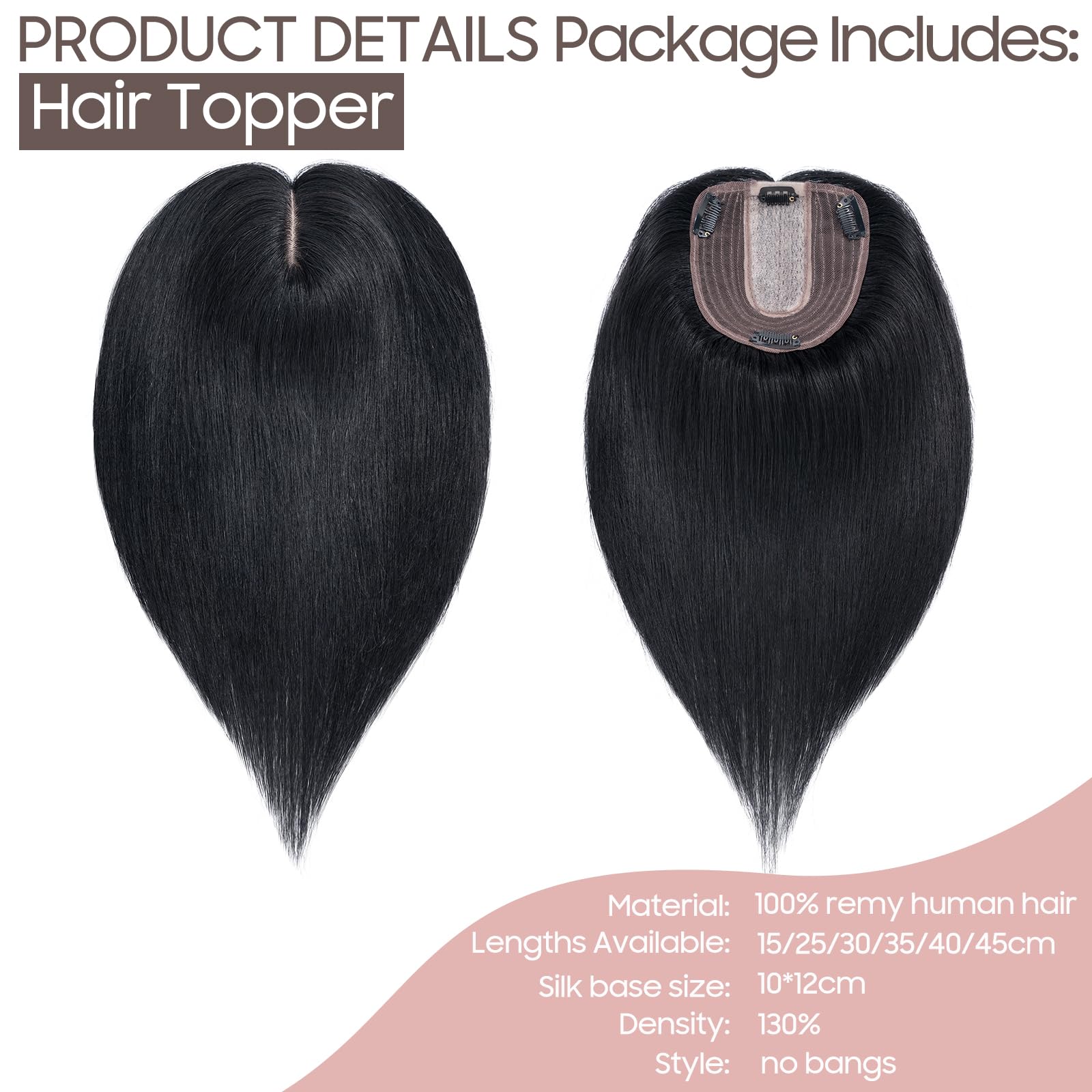 35 cm (45 g) Extensiones de Clip de Pelo Natural Prótesis Capilar Mujer Encaje 10cm*12cm 100% Remy Cabello Humano Flequillo Postizo Hair Topper #1 Negro Intenso